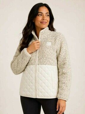 Reebok Cream Grey Speckled Sherpa Quilted Full-Zip Lighweight Jacket Size XL